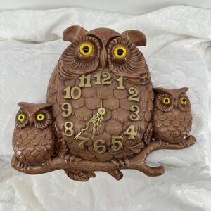 Vintage Ceramic Owl Family Wall Clock Exc Rustic Woodland Decor Retro MCM Kitsch